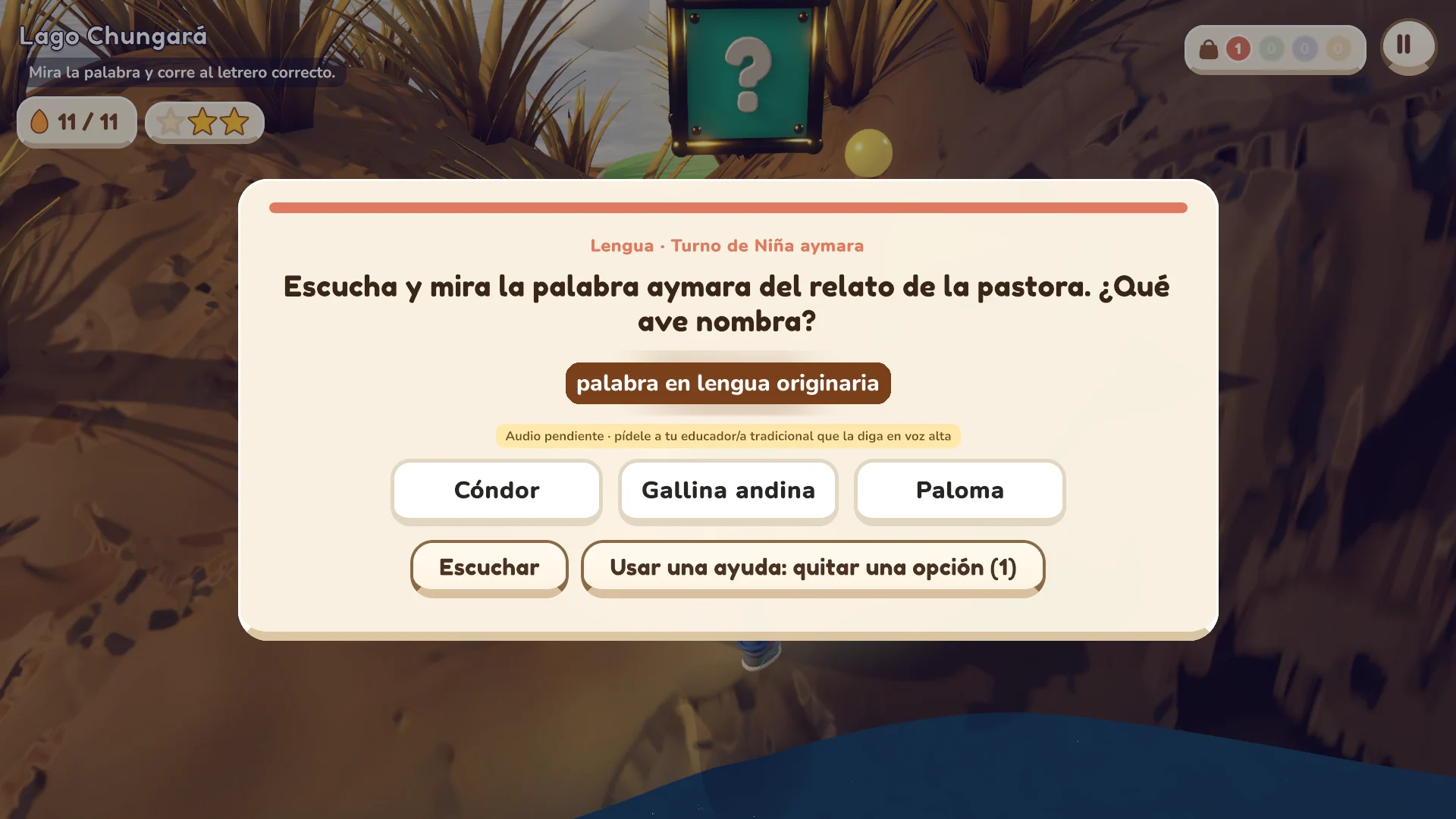 Actividad de escuchar y elegir: la palabra en lengua originaria aparece escrita con la insignia Audio pendiente (velada en esta captura)
