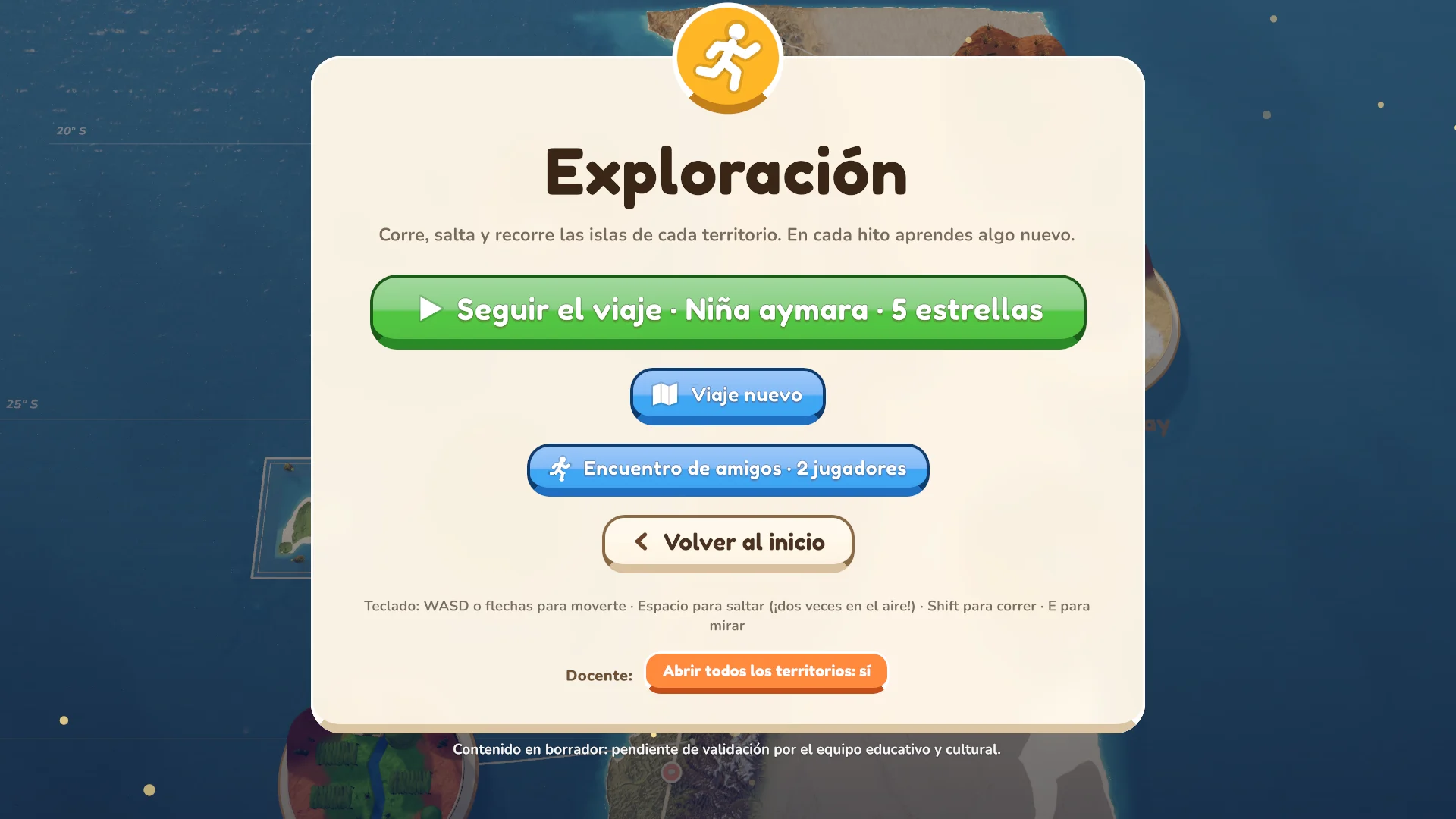 Portada de Exploración con Seguir el viaje, Viaje nuevo, Encuentro de amigos y la opción docente Abrir todos los territorios