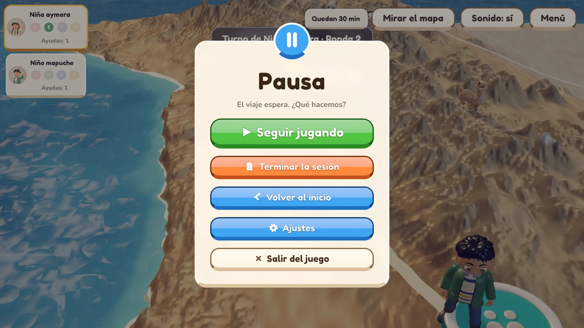 Menú de pausa: Seguir jugando, Terminar la sesión, Volver al inicio, Ajustes y Salir del juego