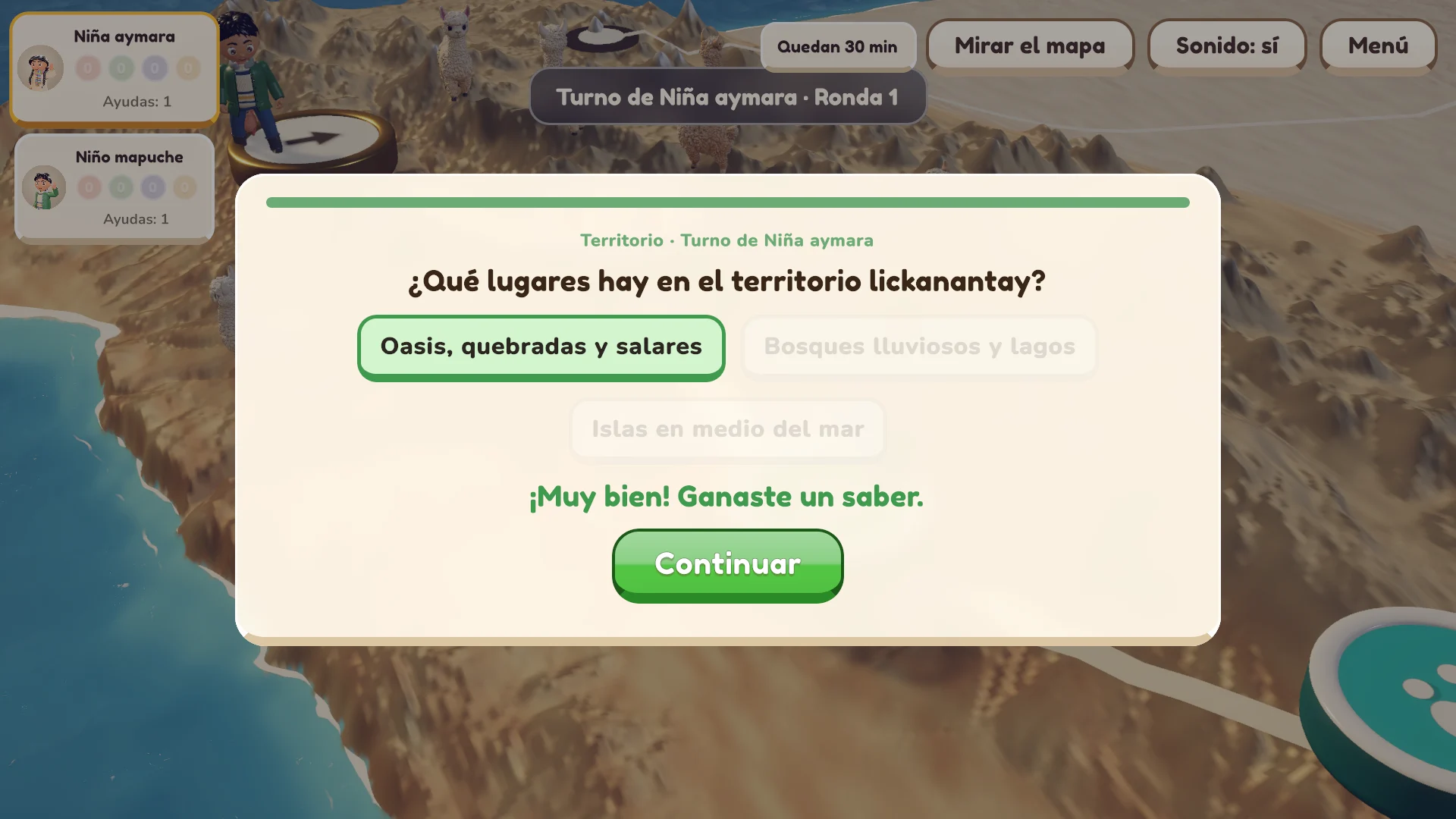 Retroalimentación: la respuesta correcta queda marcada en verde con el mensaje Muy bien, ganaste un saber, y el botón Continuar
